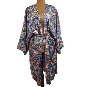 California Miss Vintage 90s Kimono Robe Paisley Floral Purple Teal Plus Size 3X